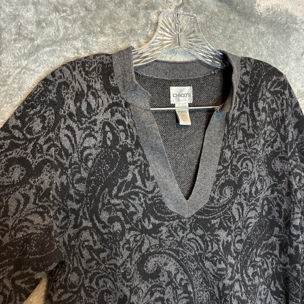 Chicos Women Patterned Tunic Sweater 1-M V Neck Intricate Dark Paisley Motif